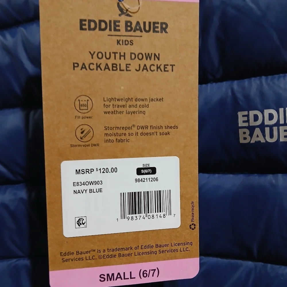 Eddie Bauer Kids Blue Down Insulated 650 Lightweight Jacket Size S (6-7) New - Picture 3 of 5